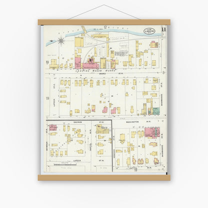 Old map wall art mockup — magnetic wood frame on white wall — Sanborn Fire Insurance Map from Lansing, Ingham County, Michigan (1898), Sheet #0011