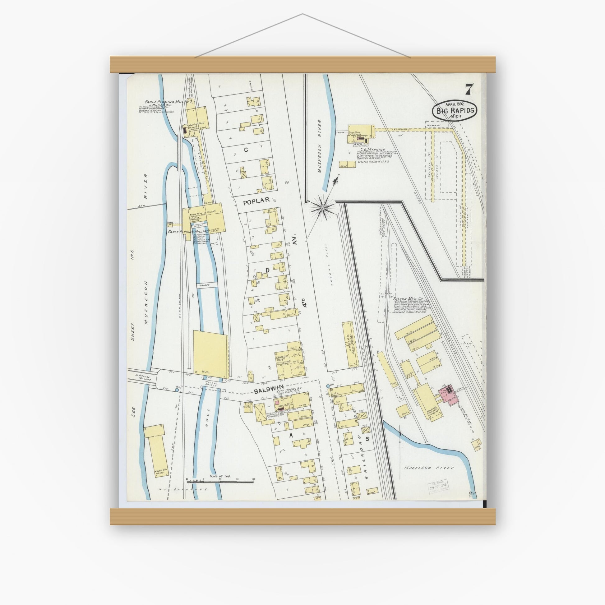 Old map wall art mockup — magnetic wood frame on white wall — Sanborn Fire Insurance Map from Big Rapids, Mecosta County, Michigan (1892), Sheet #0007