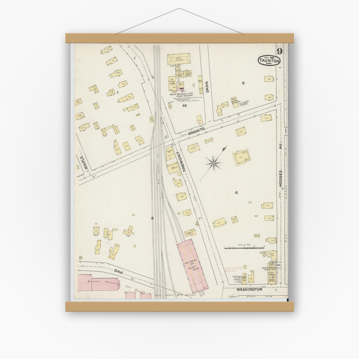Old map wall art mockup — magnetic wood frame on white wall — Sanborn Fire Insurance Map from Taunton, Bristol County, Massachusetts (1888), Sheet #0009