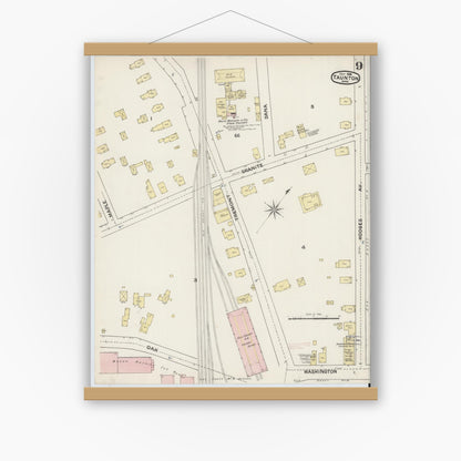 Old map wall art mockup — magnetic wood frame on white wall — Sanborn Fire Insurance Map from Taunton, Bristol County, Massachusetts (1888), Sheet #0009