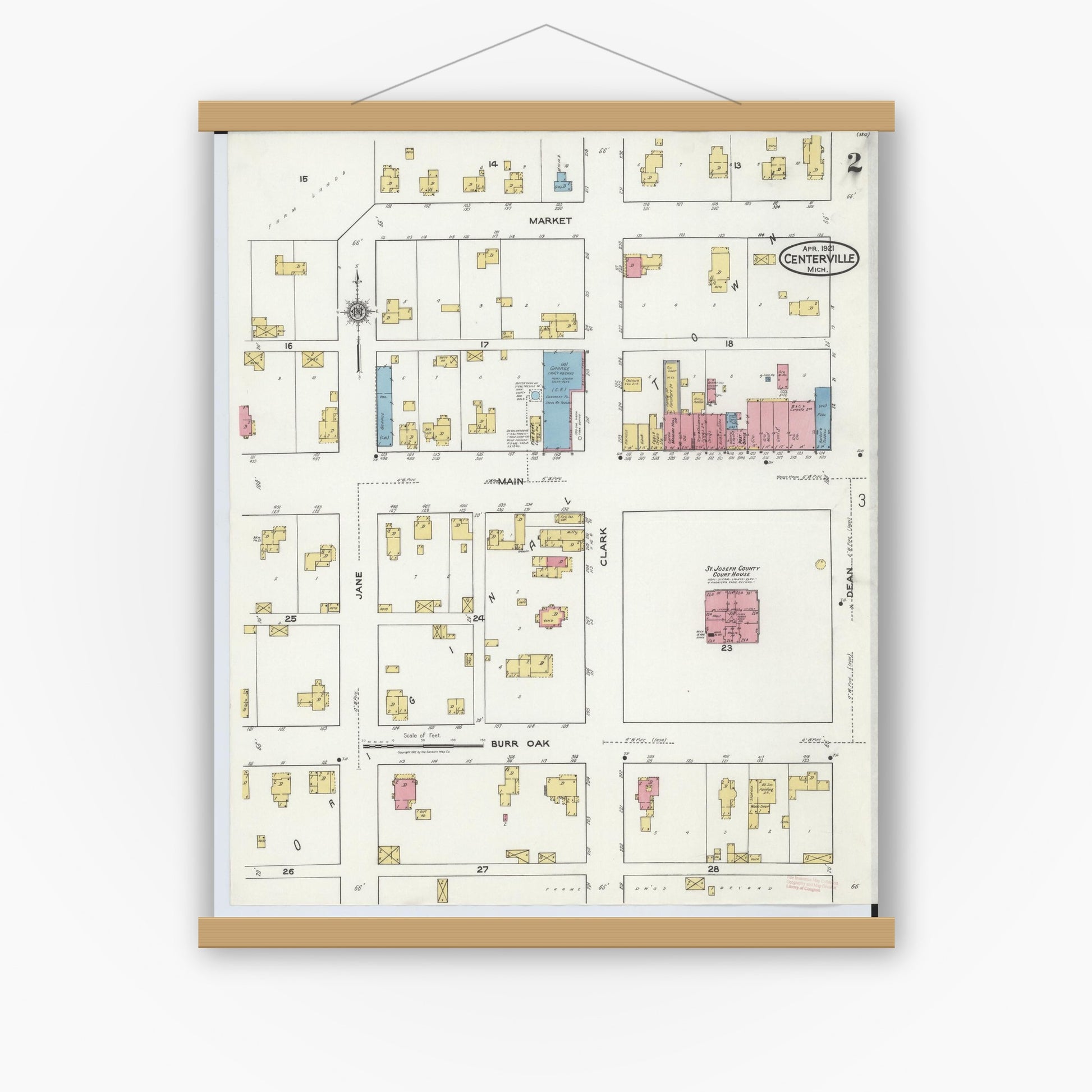 Old map wall art mockup — magnetic wood frame on white wall — Sanborn Fire Insurance Map from Centreville, Saint Joseph County, Michigan (1921), Sheet #0002