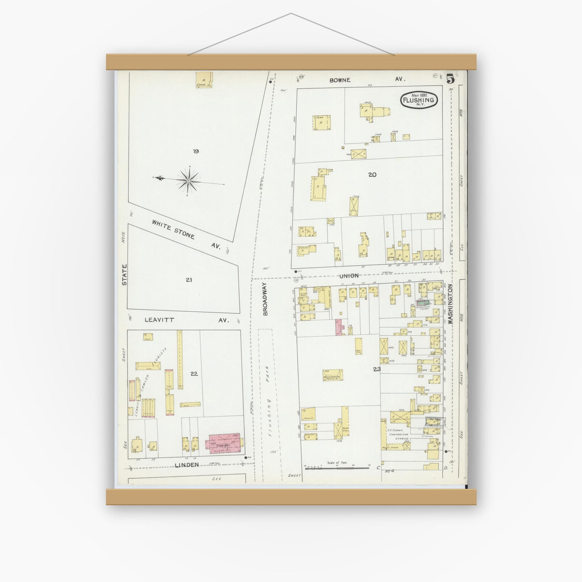 Old map wall art mockup — magnetic wood frame on white wall — Sanborn Fire Insurance Map from Flushing, Queens County, New York (1892), Sheet #0005