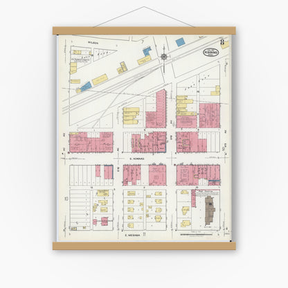 Old map wall art mockup — magnetic wood frame on white wall — Sanborn Fire Insurance Map from Hibbing, Saint Louis County, Minnesota (1921), Sheet #0008