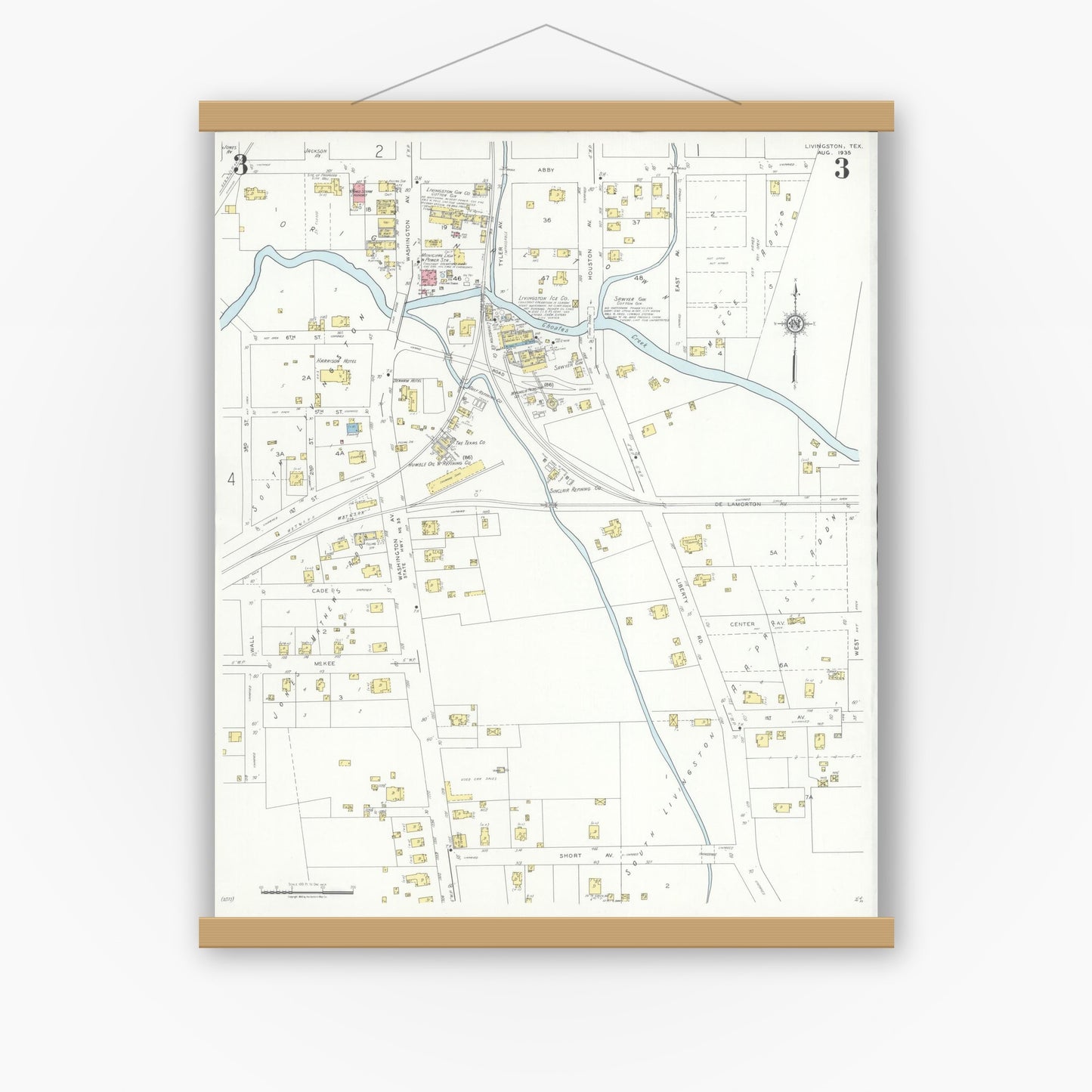 Old map wall art mockup — magnetic wood frame on white wall — Sanborn Fire Insurance Map from Livingston, Polk County, Texas (1935), Sheet #0003