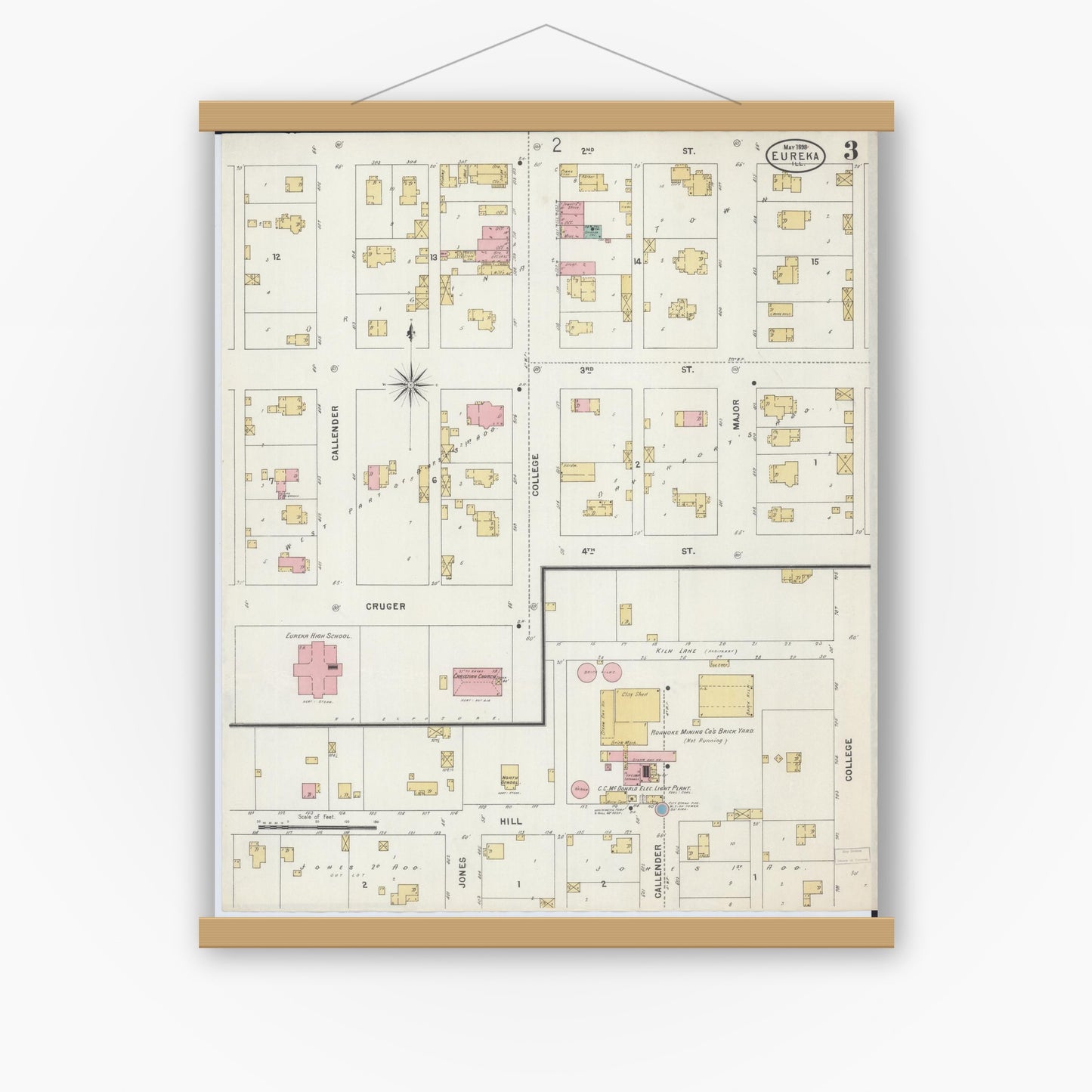 Old map wall art mockup — magnetic wood frame on white wall — Sanborn Fire Insurance Map from Eureka, Woodford County, Illinois (1898), Sheet #0003
