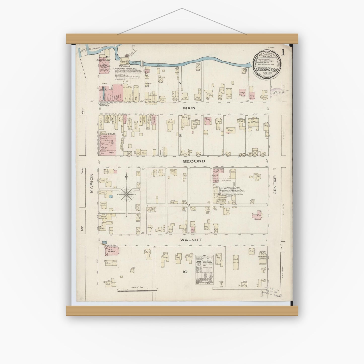 Old map wall art mockup — magnetic wood frame on white wall — Sanborn Fire Insurance Map from Cardington, Morrow County, Ohio (1885), Sheet #0001