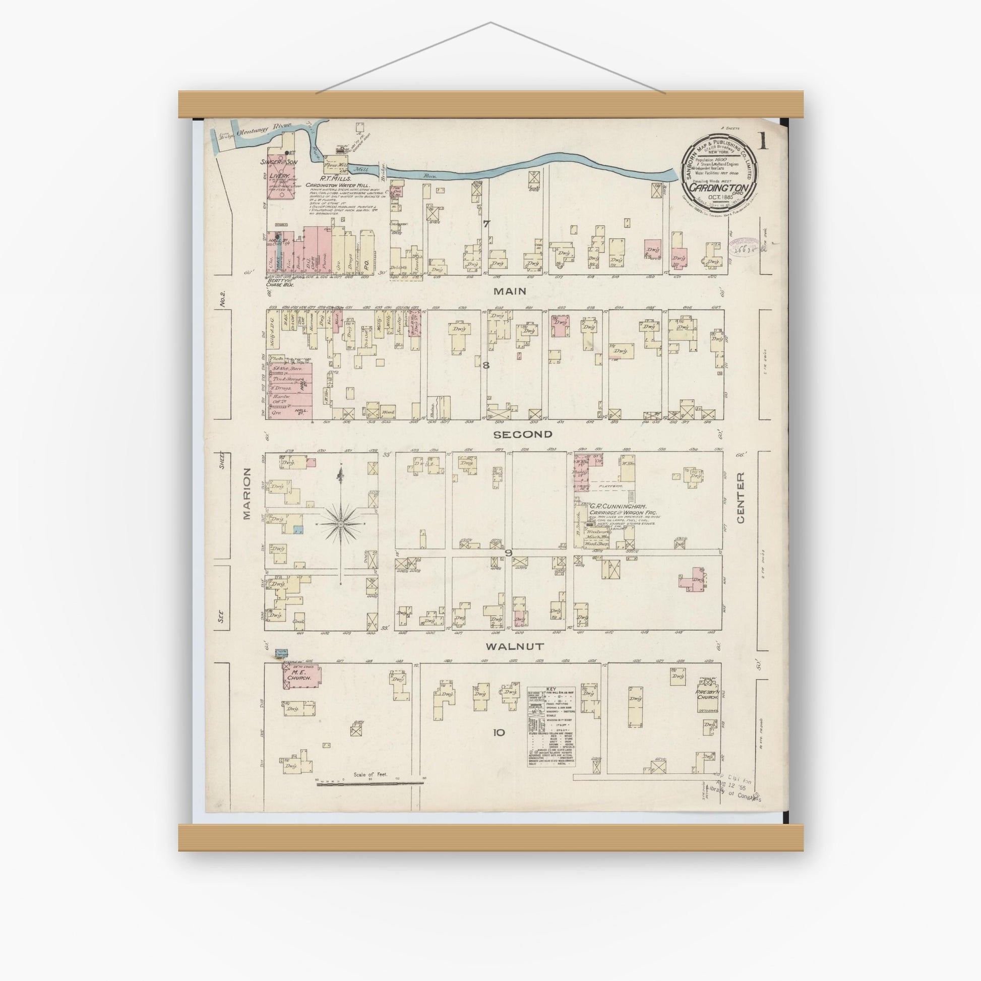Old map wall art mockup — magnetic wood frame on white wall — Sanborn Fire Insurance Map from Cardington, Morrow County, Ohio (1885), Sheet #0001