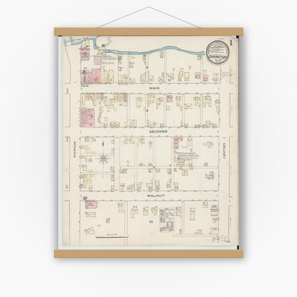 Old map wall art mockup — magnetic wood frame on white wall — Sanborn Fire Insurance Map from Cardington, Morrow County, Ohio (1885), Sheet #0001