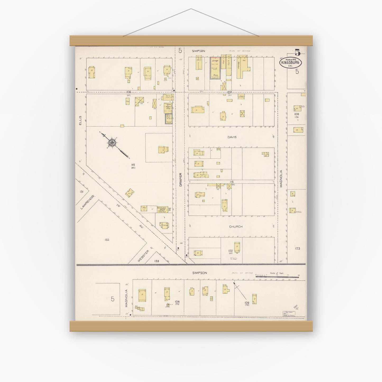 Old map wall art mockup — magnetic wood frame on white wall — Sanborn Fire Insurance Map from Kingsburg, Fresno County, California (1913), Sheet #0005