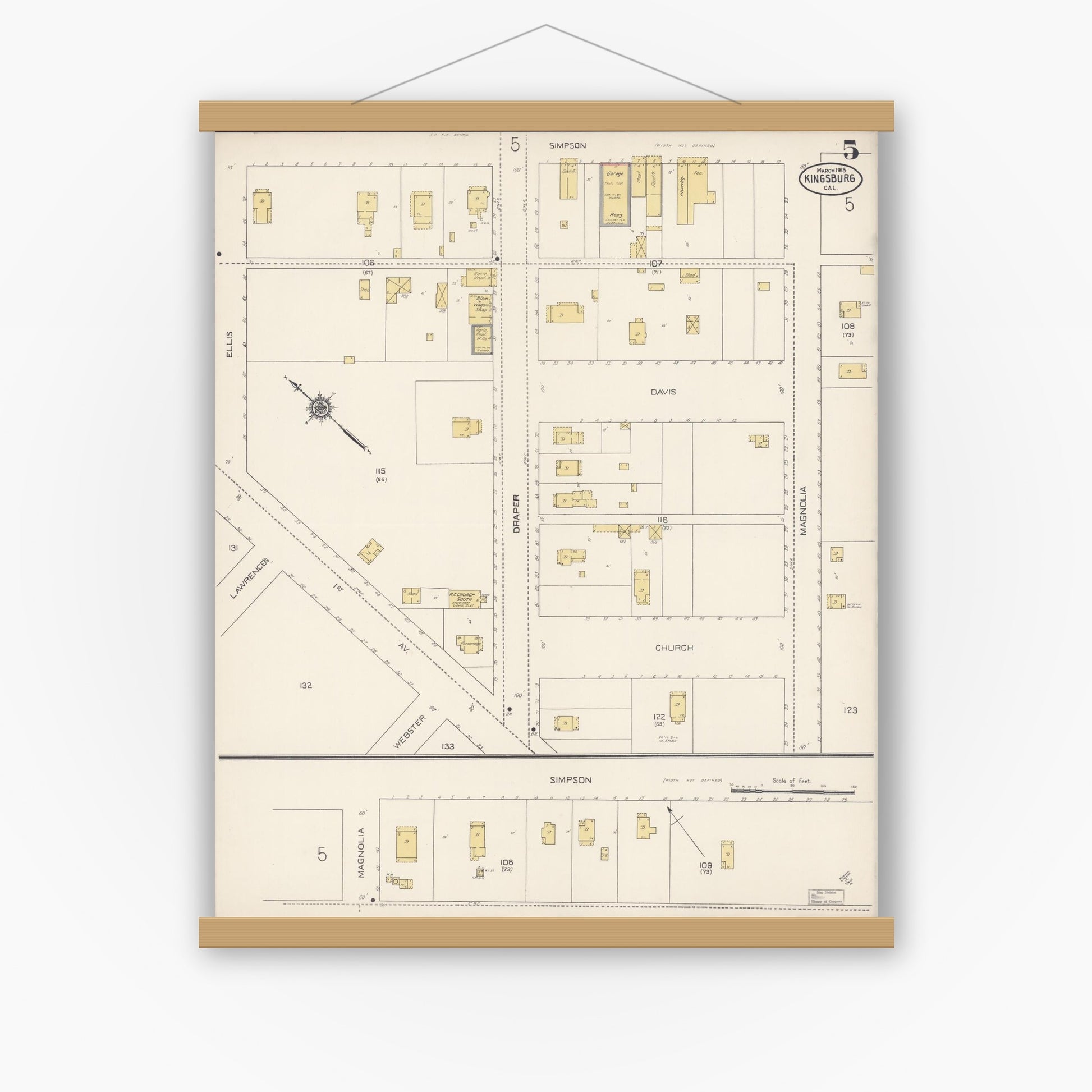 Old map wall art mockup — magnetic wood frame on white wall — Sanborn Fire Insurance Map from Kingsburg, Fresno County, California (1913), Sheet #0005