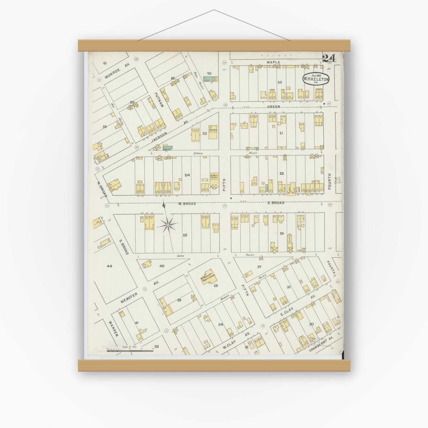 Old map wall art mockup — magnetic wood frame on white wall — Sanborn Fire Insurance Map from Hazleton, Luzerne County, Pennsylvania (1895), Sheet #0024