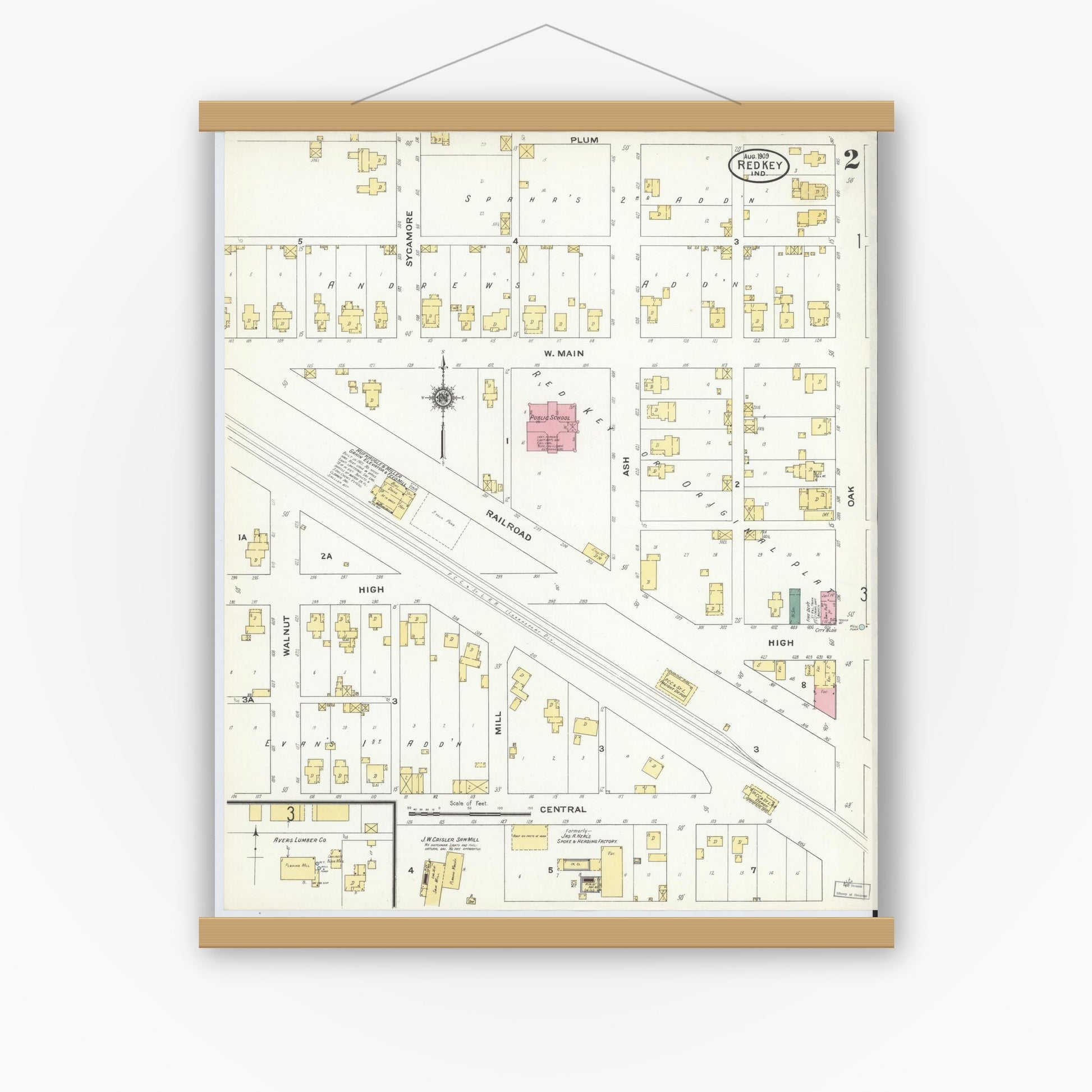 Old map wall art mockup — magnetic wood frame on white wall — Sanborn Fire Insurance Map from Redkey, Jay County, Indiana (1909), Sheet #0002