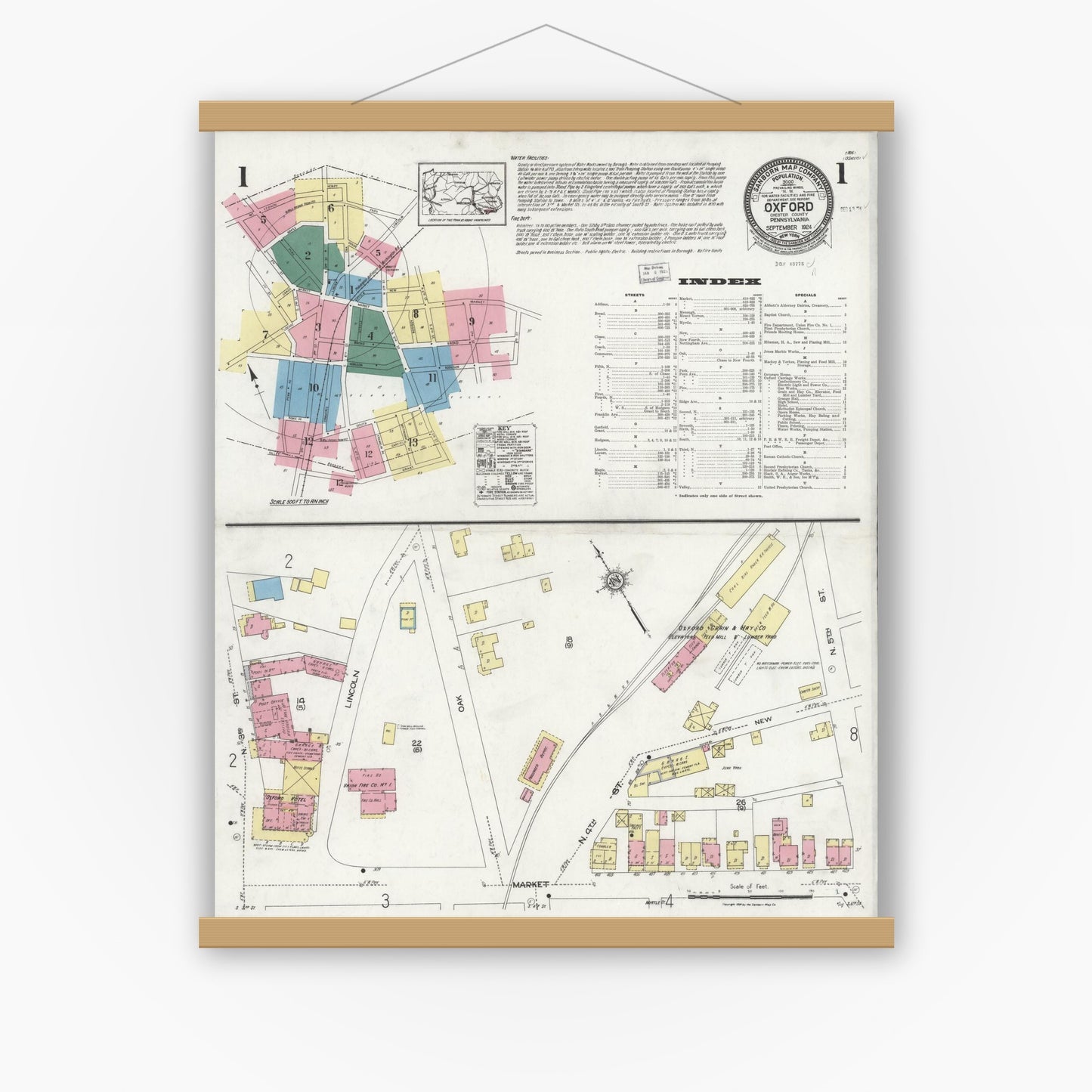 Old map wall art mockup — magnetic wood frame on white wall — Sanborn Fire Insurance Map from Oxford, Chester County, Pennsylvania (1924), Sheet #0001