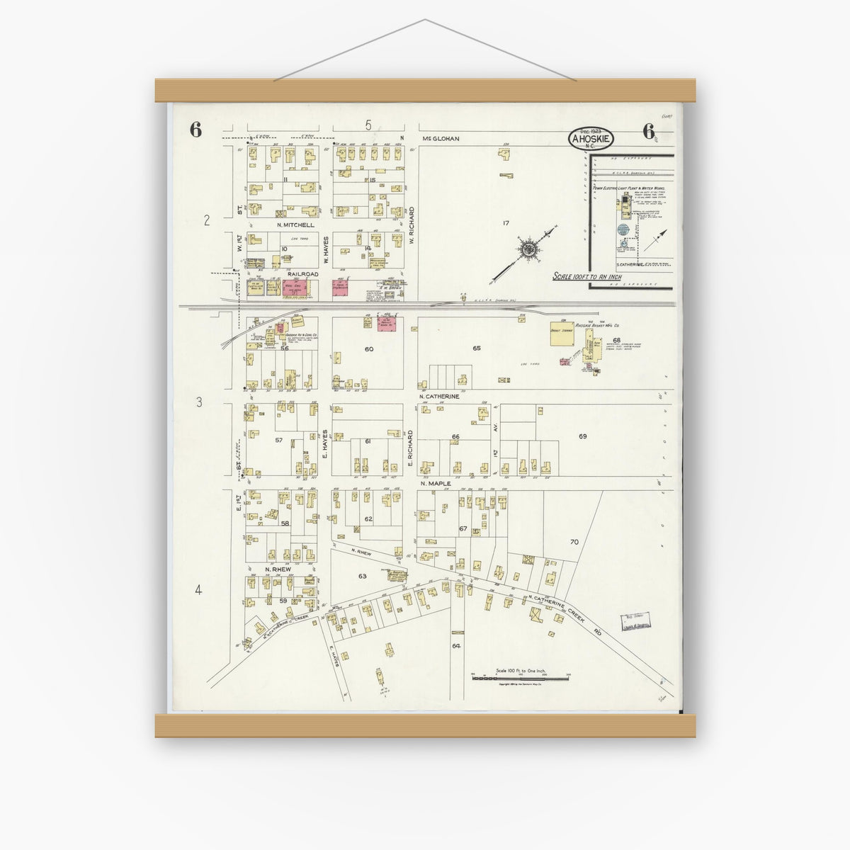 Old map wall art mockup — magnetic wood frame on white wall — Sanborn Fire Insurance Map from Ahoskie, Hertford County, North Carolina (1923), Sheet #0006