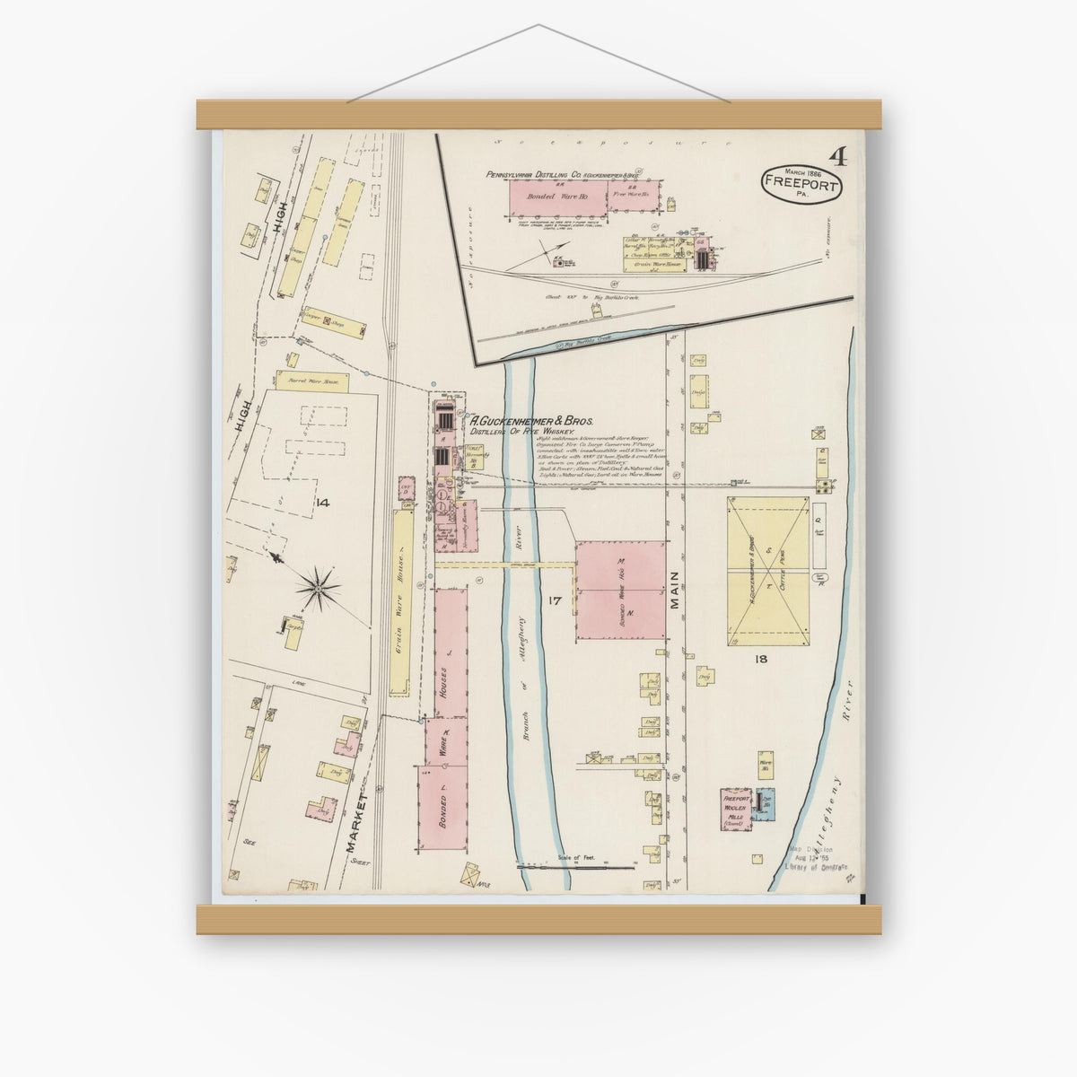 Old map wall art mockup — magnetic wood frame on white wall — Sanborn Fire Insurance Map from Freeport, Armstrong County, Pennsylvania (1886), Sheet #0004