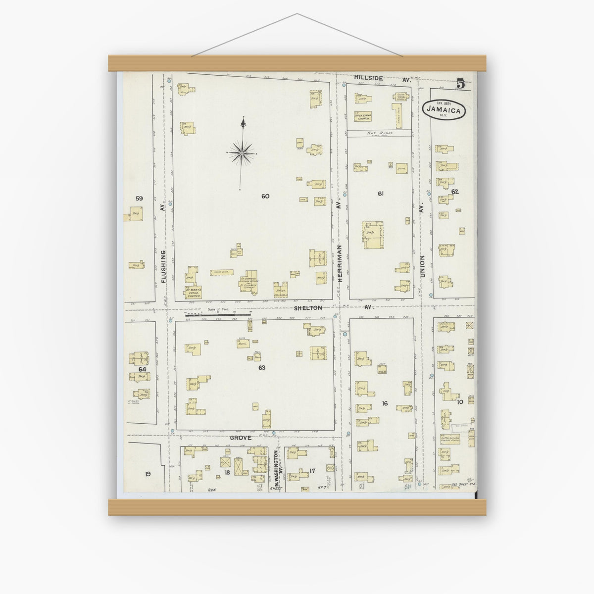 Old map wall art mockup — magnetic wood frame on white wall — Sanborn Fire Insurance Map from Jamaica, Queens County, New York (1891), Sheet #0005