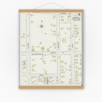 Old map wall art mockup — magnetic wood frame on white wall — Sanborn Fire Insurance Map from Jamaica, Queens County, New York (1891), Sheet #0005