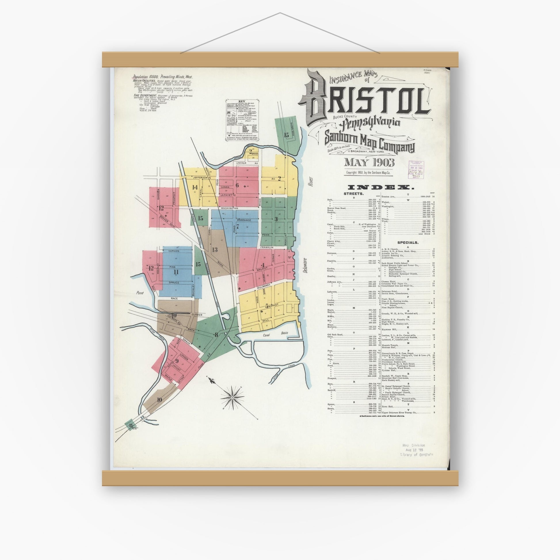 Old map wall art mockup — magnetic wood frame on white wall — Sanborn Fire Insurance Map from Bristol, Bucks County, Pennsylvania (1903) - Complete Map Set