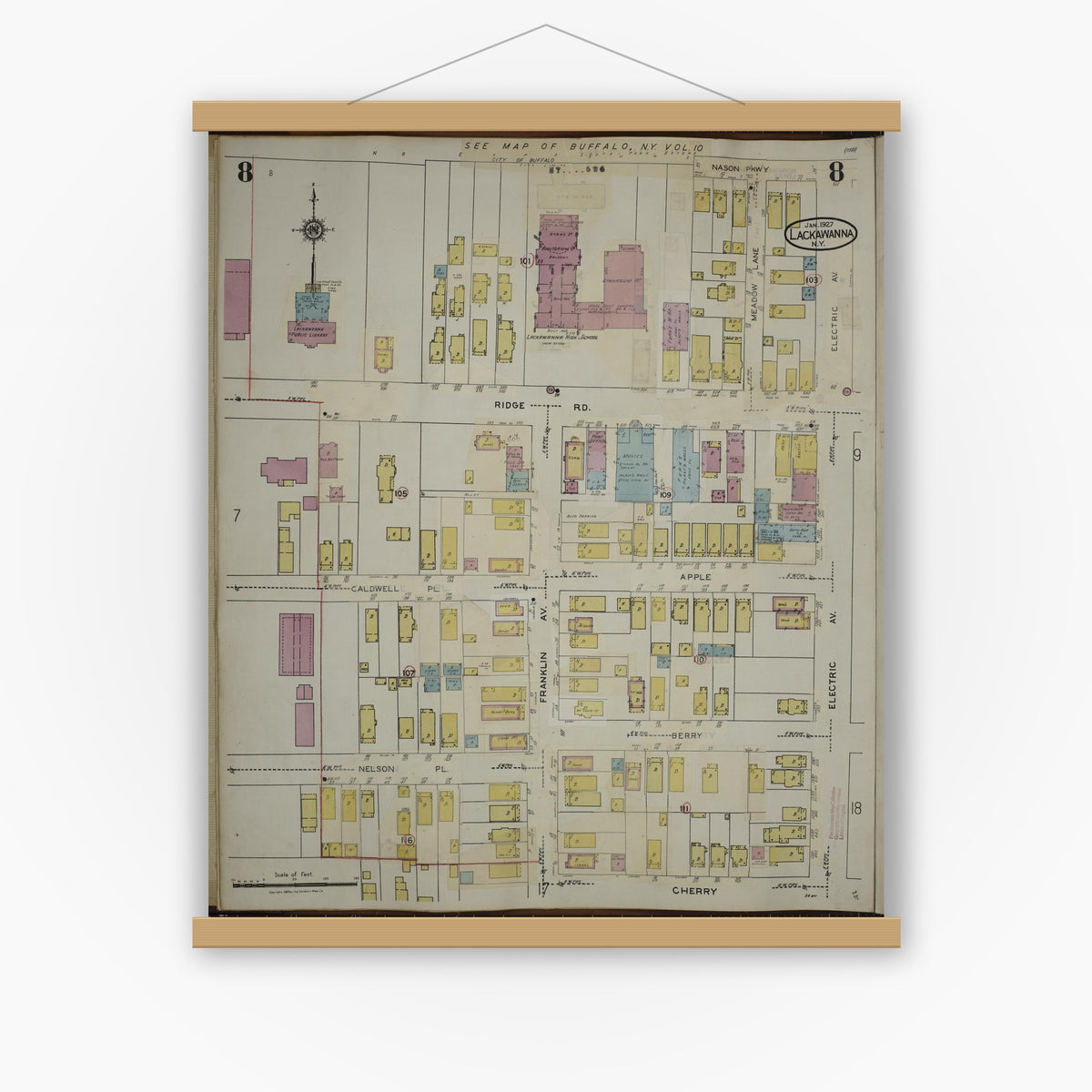 Old map wall art mockup — magnetic wood frame on white wall — Sanborn Fire Insurance Map from Lackawanna, Erie County, New York (1950), Sheet #0008