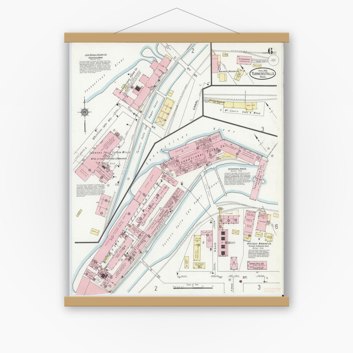 Old map wall art mockup — magnetic wood frame on white wall — Sanborn Fire Insurance Map from Turners Falls, Franklin County, Massachusetts (1914), Sheet #0006
