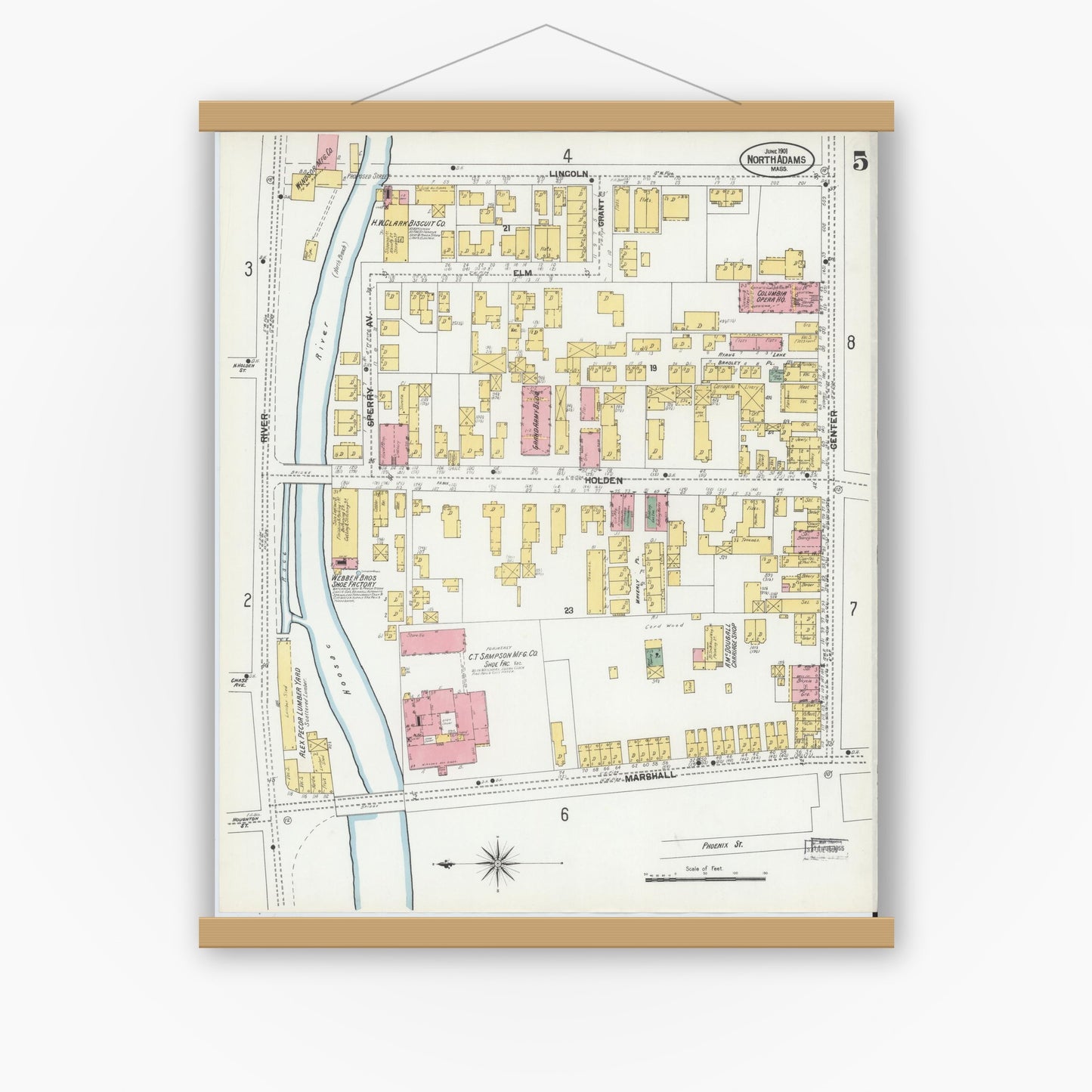 Old map wall art mockup — magnetic wood frame on white wall — Sanborn Fire Insurance Map from North Adams, Berkshire County, Massachusetts (1901), Sheet #0005