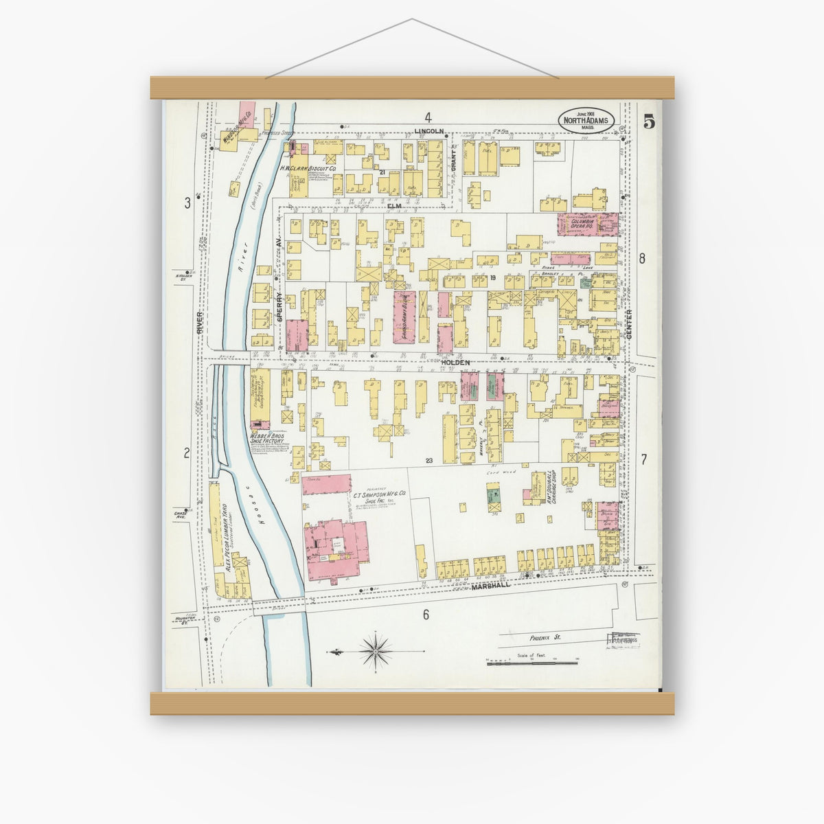 Old map wall art mockup — magnetic wood frame on white wall — Sanborn Fire Insurance Map from North Adams, Berkshire County, Massachusetts (1901), Sheet #0005
