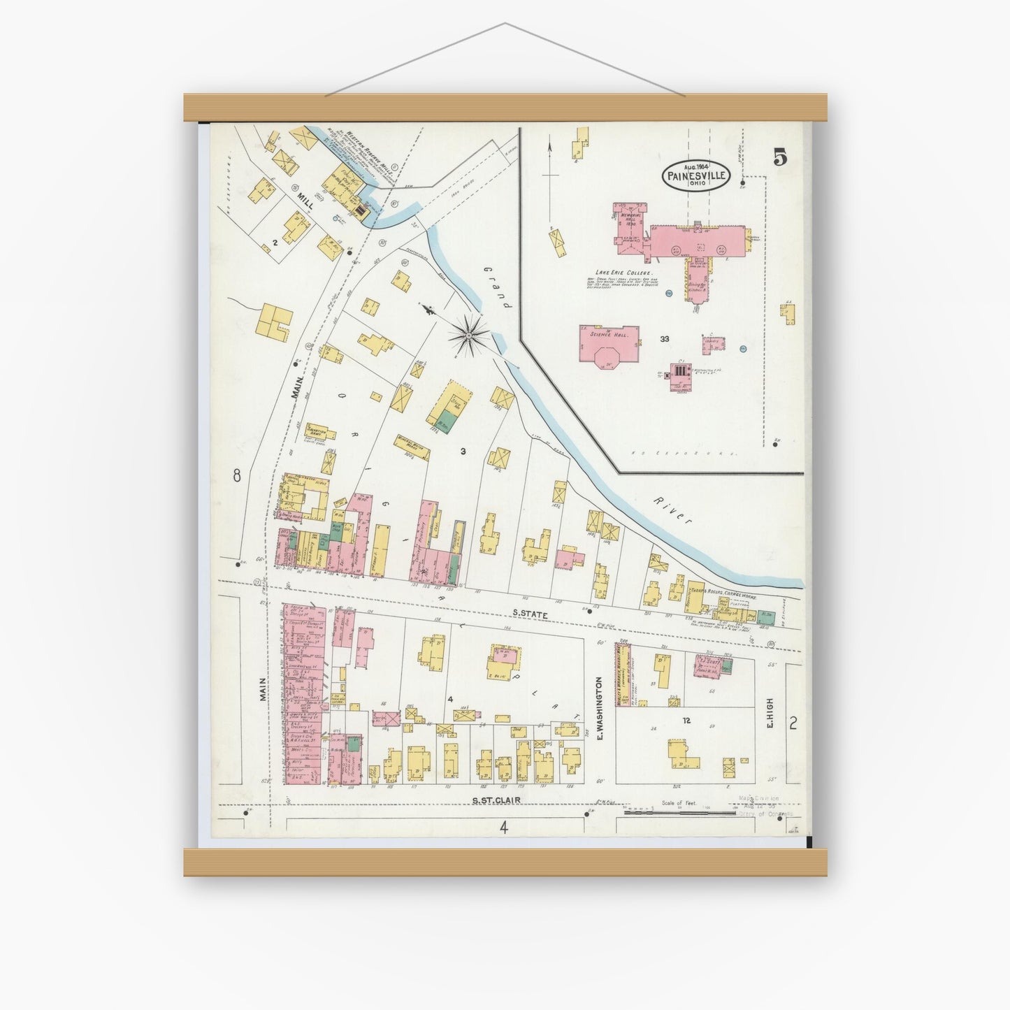 Old map wall art mockup — magnetic wood frame on white wall — Sanborn Fire Insurance Map from Painesville, Lake County, Ohio (1904), Sheet #0005