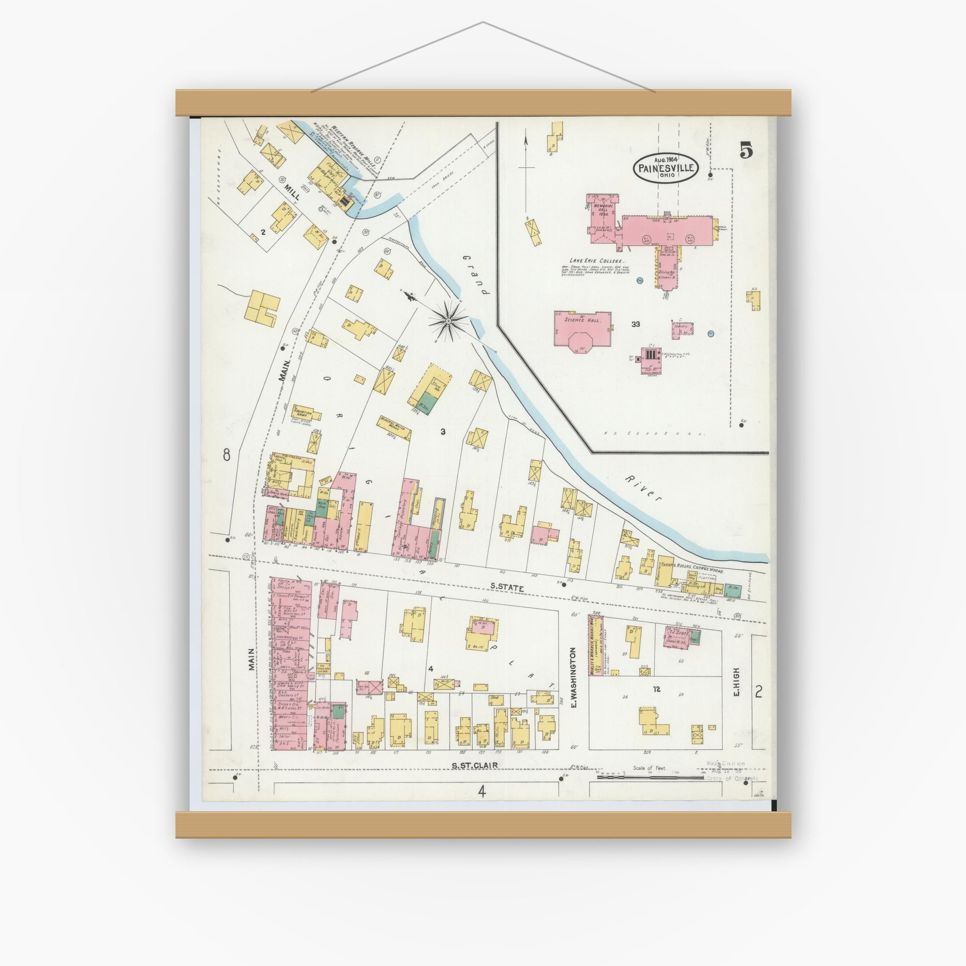 Old map wall art mockup — magnetic wood frame on white wall — Sanborn Fire Insurance Map from Painesville, Lake County, Ohio (1904), Sheet #0005