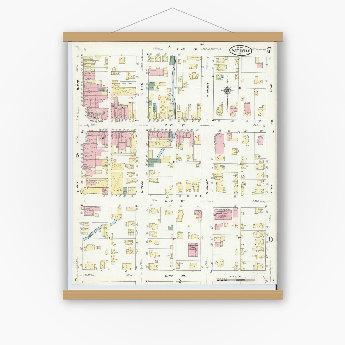 Old map wall art mockup — magnetic wood frame on white wall — Sanborn Fire Insurance Map from Marysville, Union County, Ohio (1910), Sheet #0007