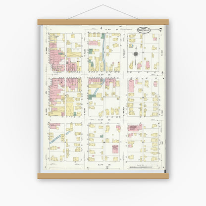 Old map wall art mockup — magnetic wood frame on white wall — Sanborn Fire Insurance Map from Marysville, Union County, Ohio (1910), Sheet #0007