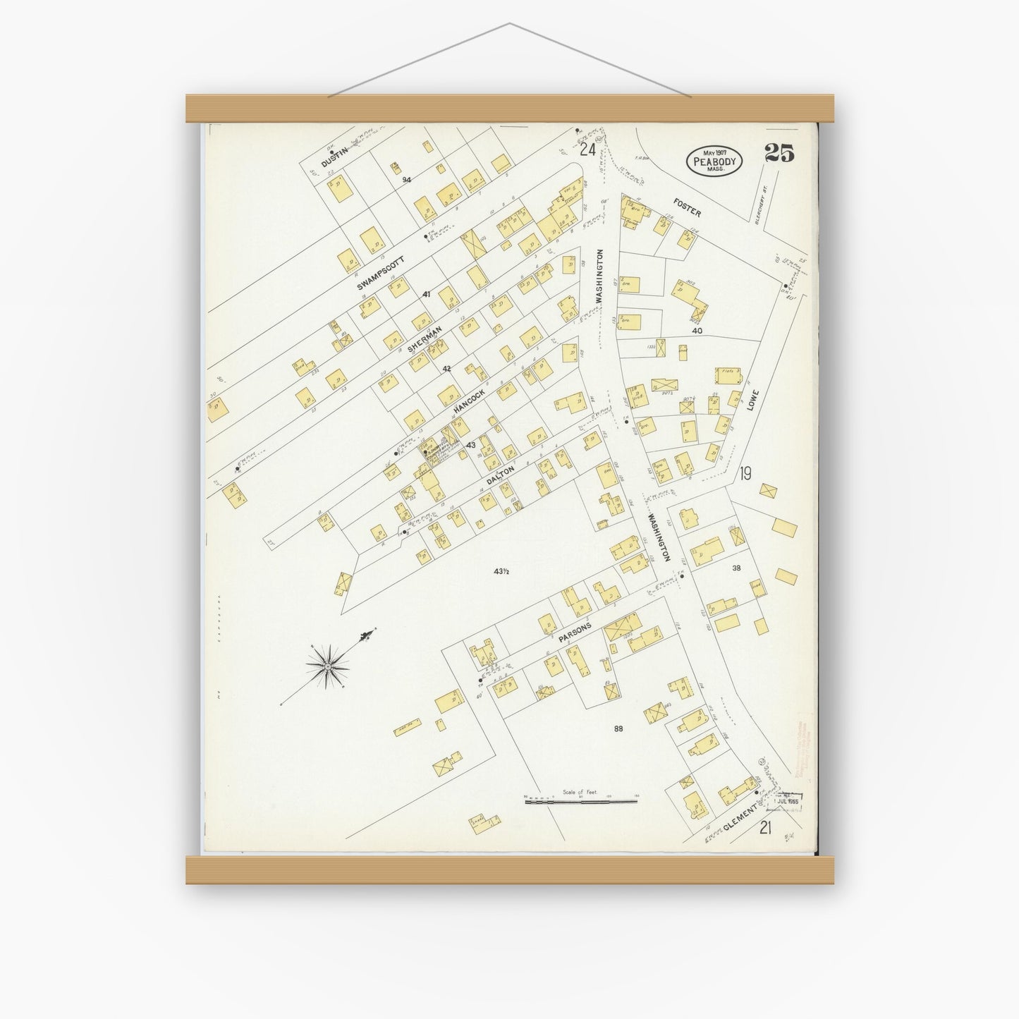 Old map wall art mockup — magnetic wood frame on white wall — Sanborn Fire Insurance Map from Peabody, Essex County, Massachusetts (1907), Sheet #0025
