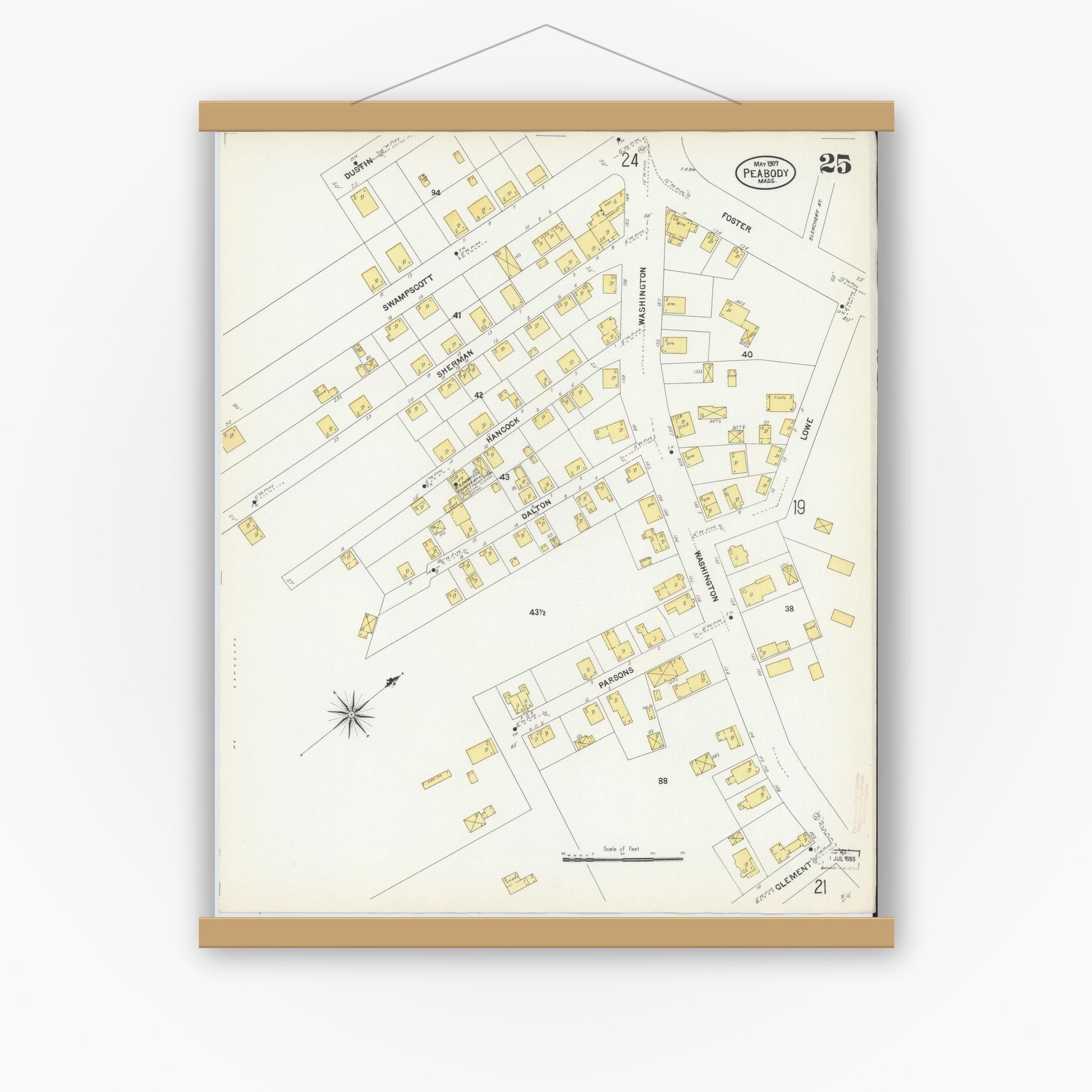 Old map wall art mockup — magnetic wood frame on white wall — Sanborn Fire Insurance Map from Peabody, Essex County, Massachusetts (1907), Sheet #0025