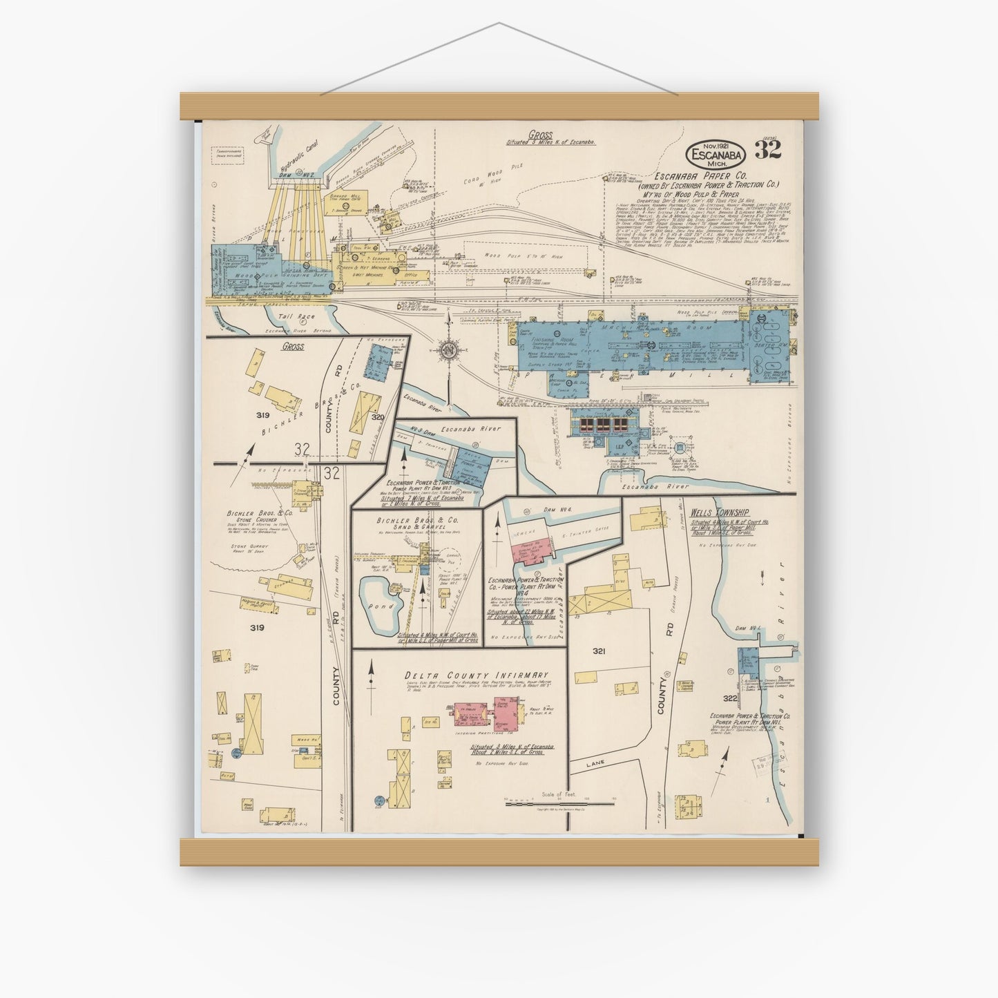 Old map wall art mockup — magnetic wood frame on white wall — Sanborn Fire Insurance Map from Escanaba, Delta County, Michigan (1921), Sheet #0032