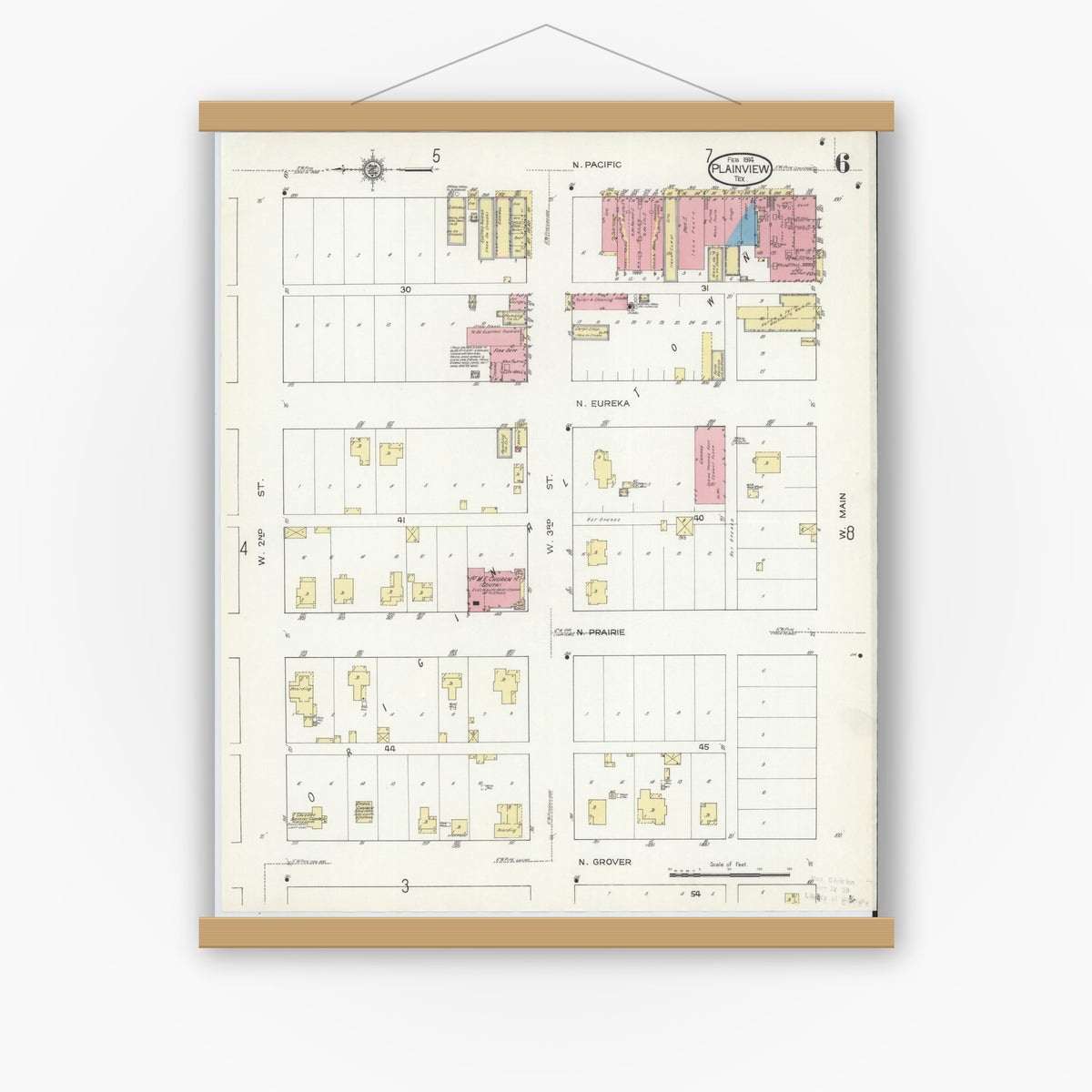 Old map wall art mockup — magnetic wood frame on white wall — Sanborn Fire Insurance Map from Plainview, Hale County, Texas (1914), Sheet #0006