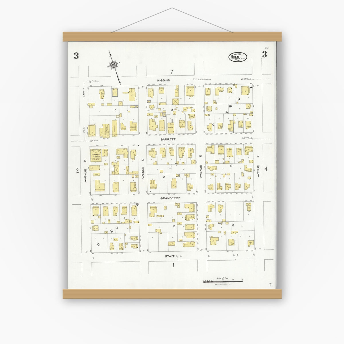 Old map wall art mockup — magnetic wood frame on white wall — Sanborn Fire Insurance Map from Humble, Harris County, Texas (1926), Sheet #0003