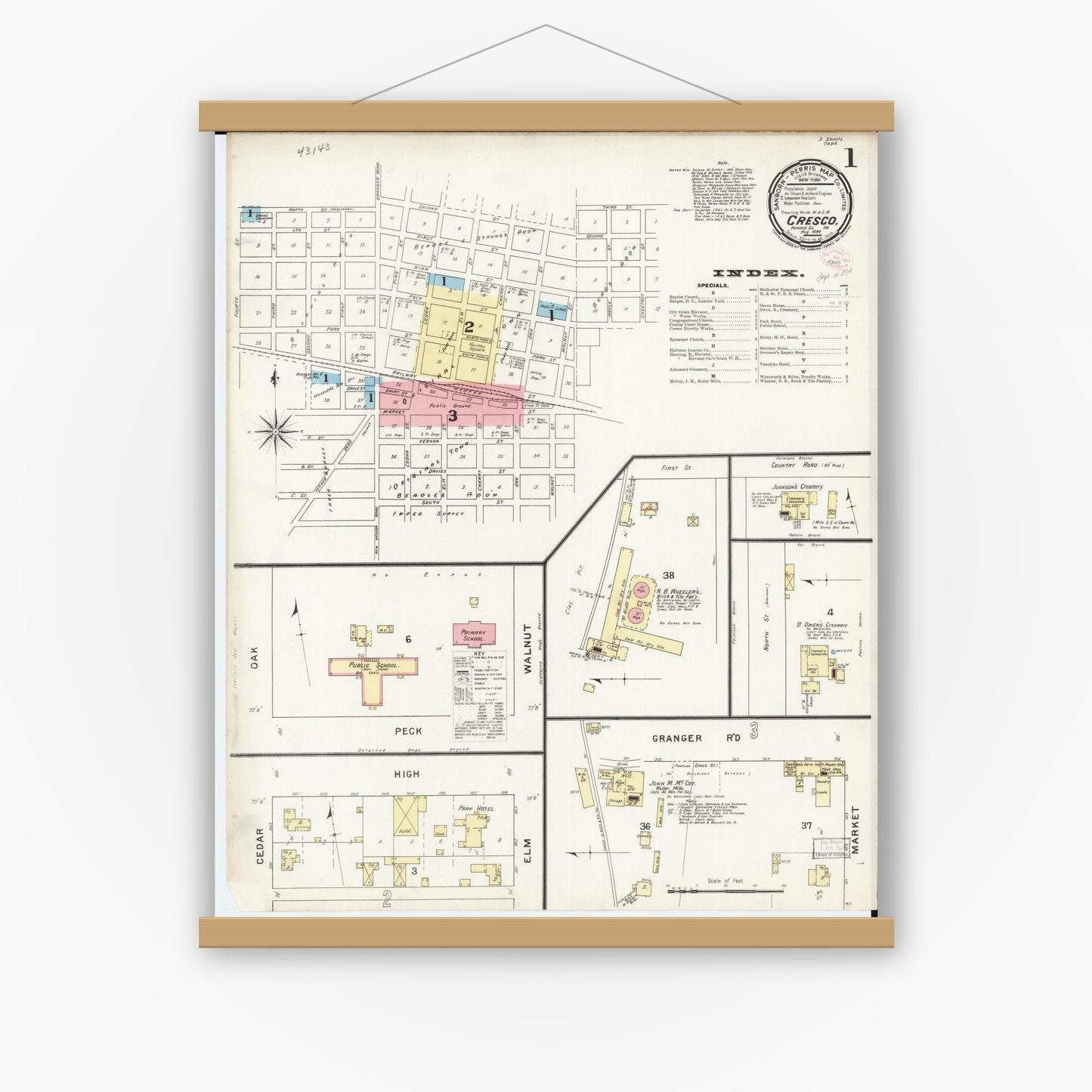 Old map wall art mockup — magnetic wood frame on white wall — Sanborn Fire Insurance Map from Cresco, Howard County, Iowa (1894), Sheet #0001