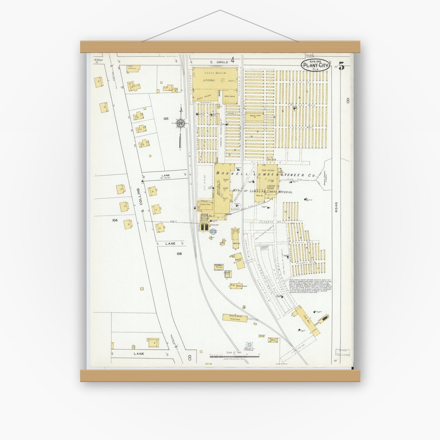 Old map wall art mockup — magnetic wood frame on white wall — Sanborn Fire Insurance Map from Plant City, Hillborough County, Florida (1919), Sheet #0005