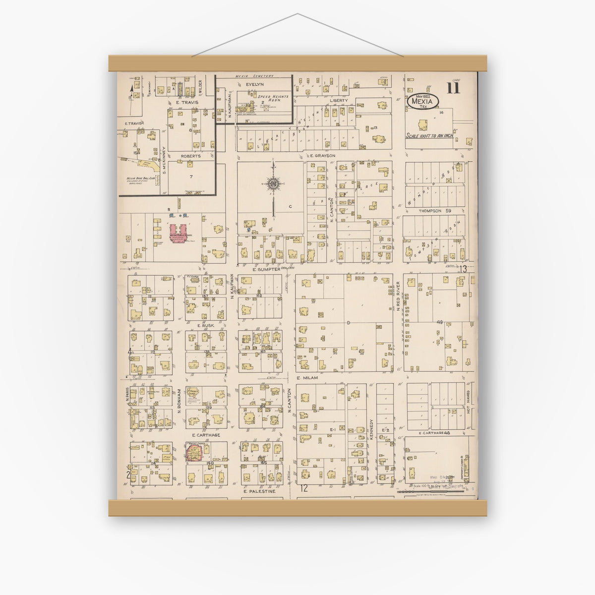 Old map wall art mockup — magnetic wood frame on white wall — Sanborn Fire Insurance Map from Mexia, Limestone County, Texas (1922), Sheet #0011