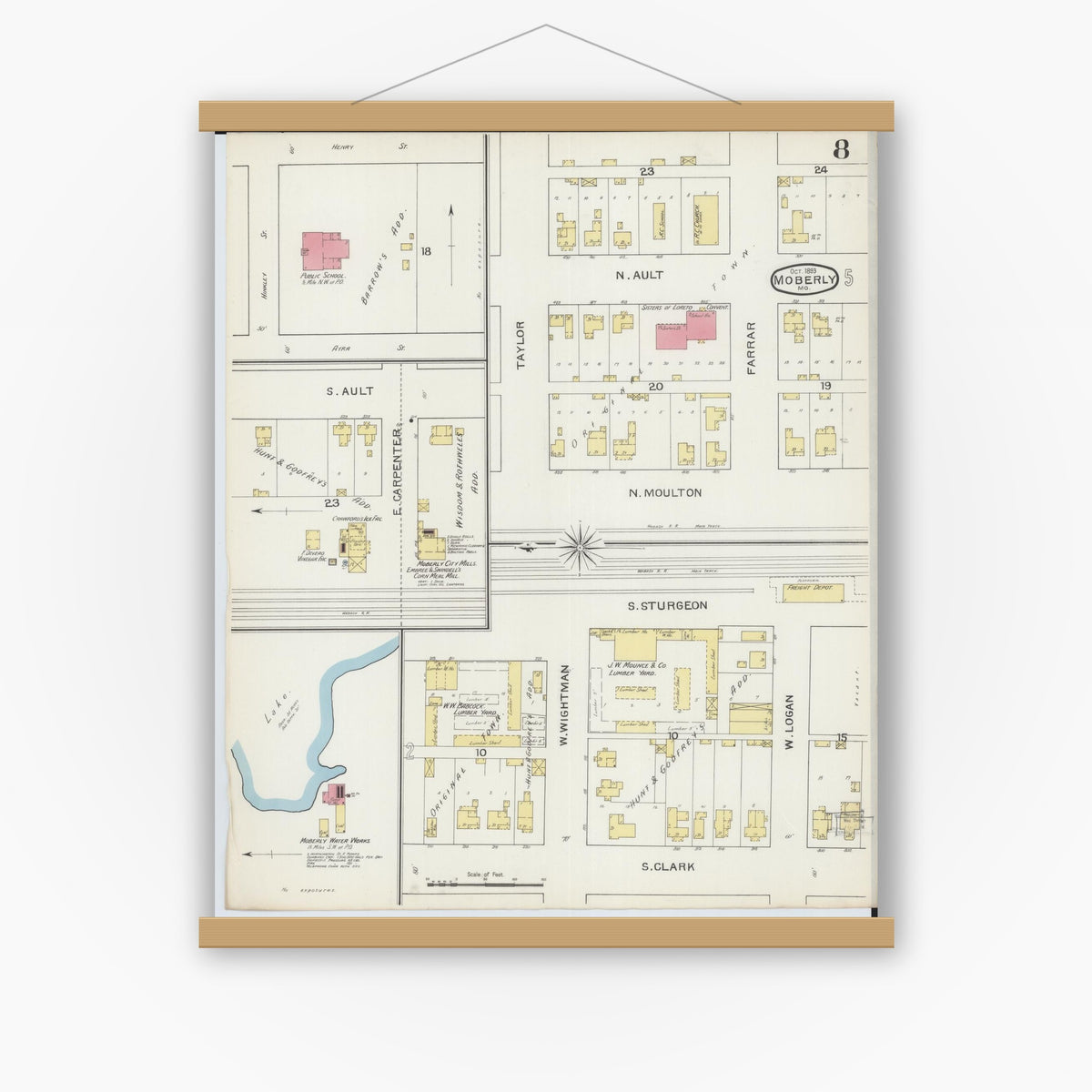 Old map wall art mockup — magnetic wood frame on white wall — Sanborn Fire Insurance Map from Moberly, Randolph County, Missouri (1893), Sheet #0008