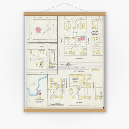 Old map wall art mockup — magnetic wood frame on white wall — Sanborn Fire Insurance Map from Moberly, Randolph County, Missouri (1893), Sheet #0008