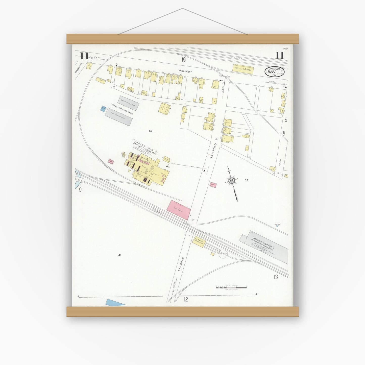 Old map wall art mockup — magnetic wood frame on white wall — Sanborn Fire Insurance Map from Danville, Montour County, Pennsylvania (1930), Sheet #0011