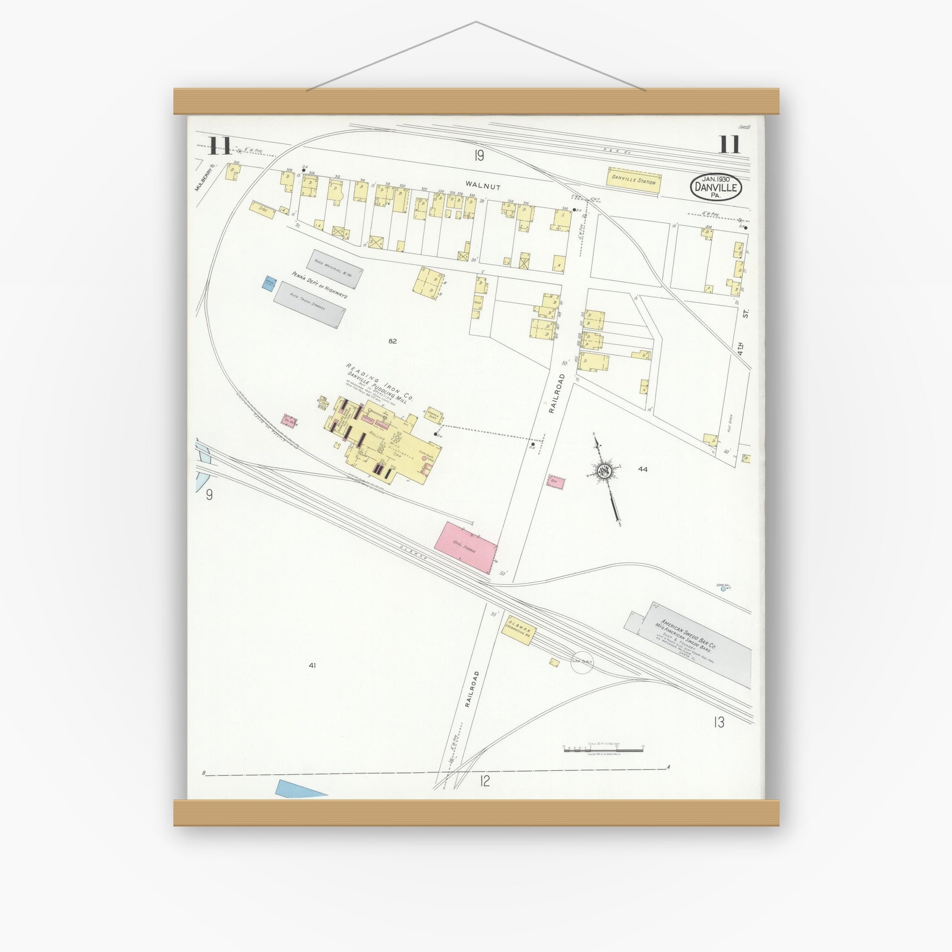 Old map wall art mockup — magnetic wood frame on white wall — Sanborn Fire Insurance Map from Danville, Montour County, Pennsylvania (1930), Sheet #0011