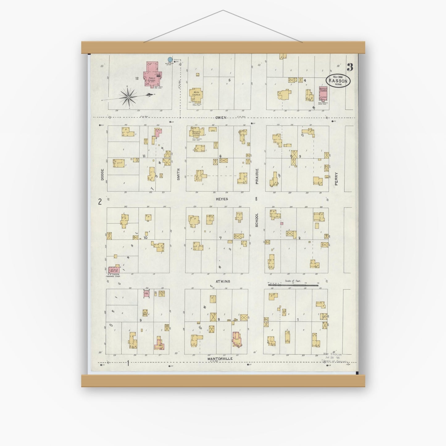Old map wall art mockup — magnetic wood frame on white wall — Sanborn Fire Insurance Map from Kasson, Dodge County, Minnesota (1904), Sheet #0003