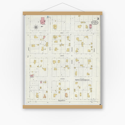 Old map wall art mockup — magnetic wood frame on white wall — Sanborn Fire Insurance Map from Kasson, Dodge County, Minnesota (1904), Sheet #0003