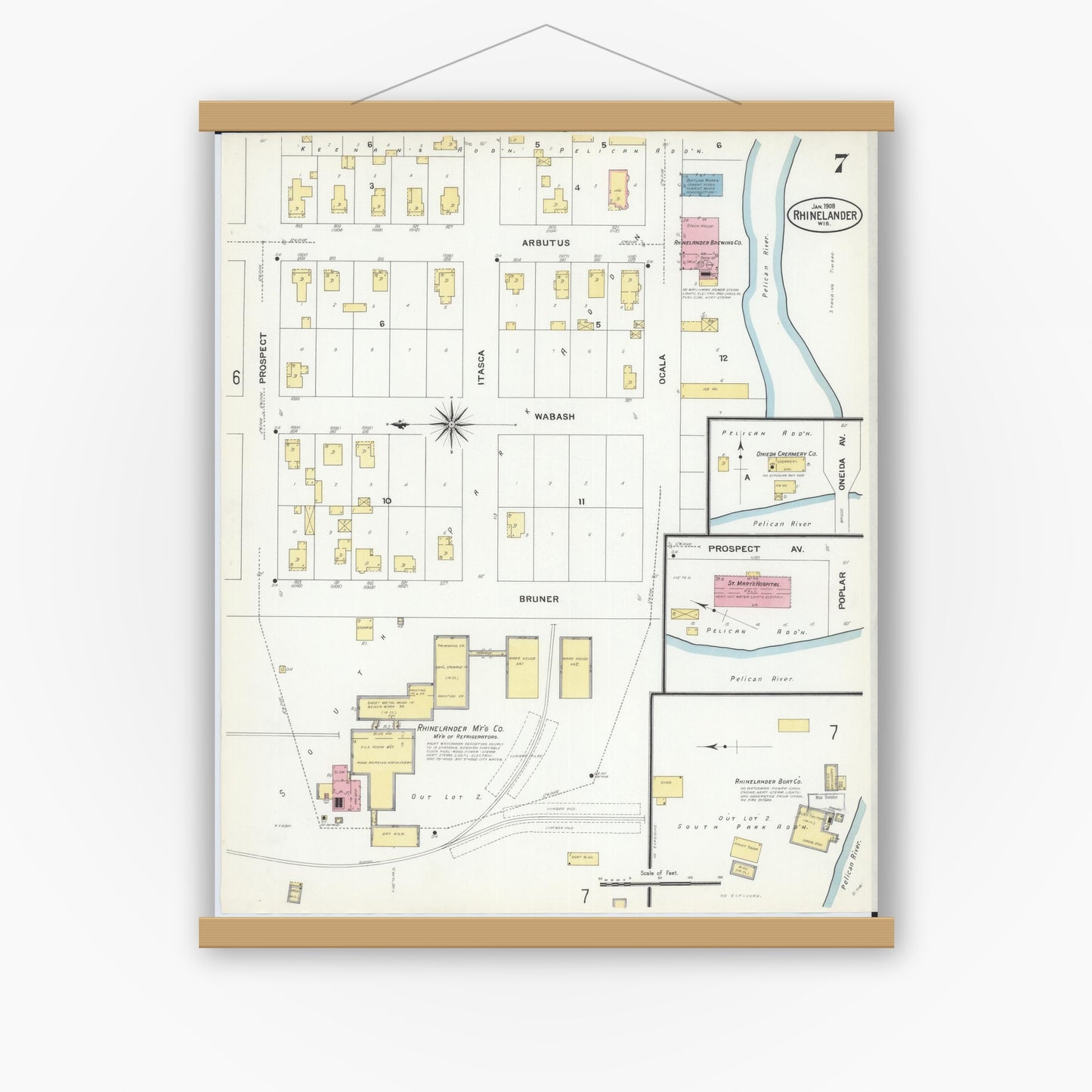 Old map wall art mockup — magnetic wood frame on white wall — Sanborn Fire Insurance Map from Rhinelander, Oneida County, Wisconsin (1908), Sheet #0007