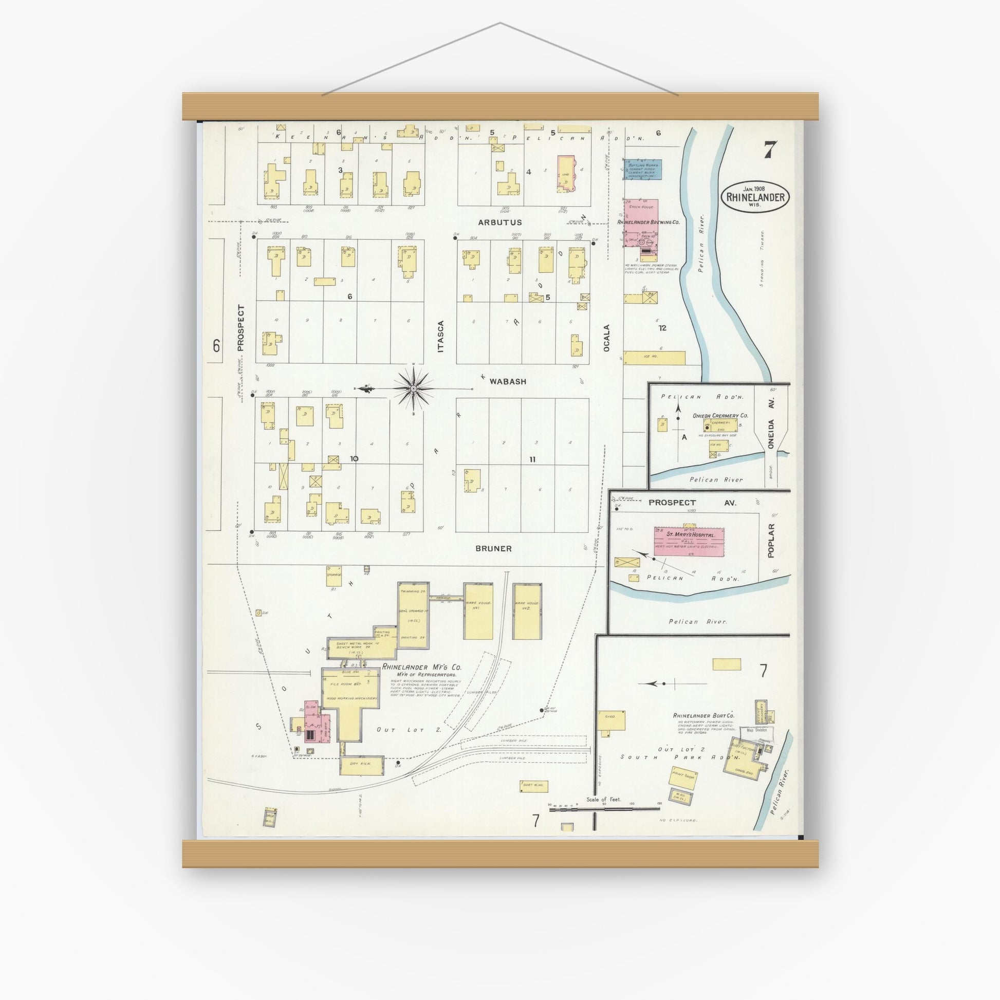 Old map wall art mockup — magnetic wood frame on white wall — Sanborn Fire Insurance Map from Rhinelander, Oneida County, Wisconsin (1908), Sheet #0007