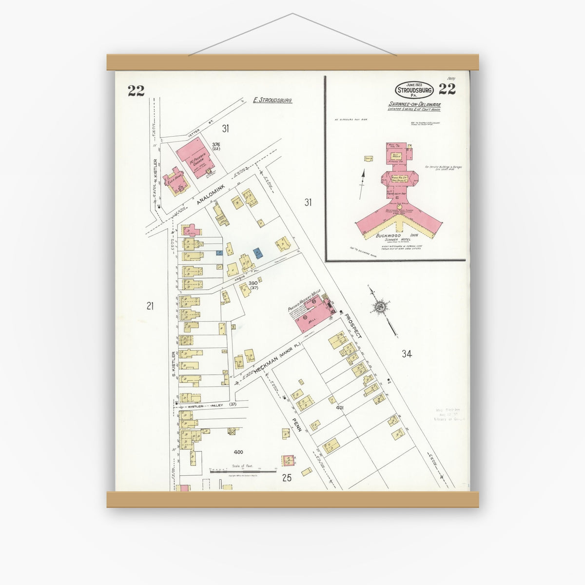 Old map wall art mockup — magnetic wood frame on white wall — Sanborn Fire Insurance Map from Stroudsburg, Monroe County, Pennsylvania (1923), Sheet #0022