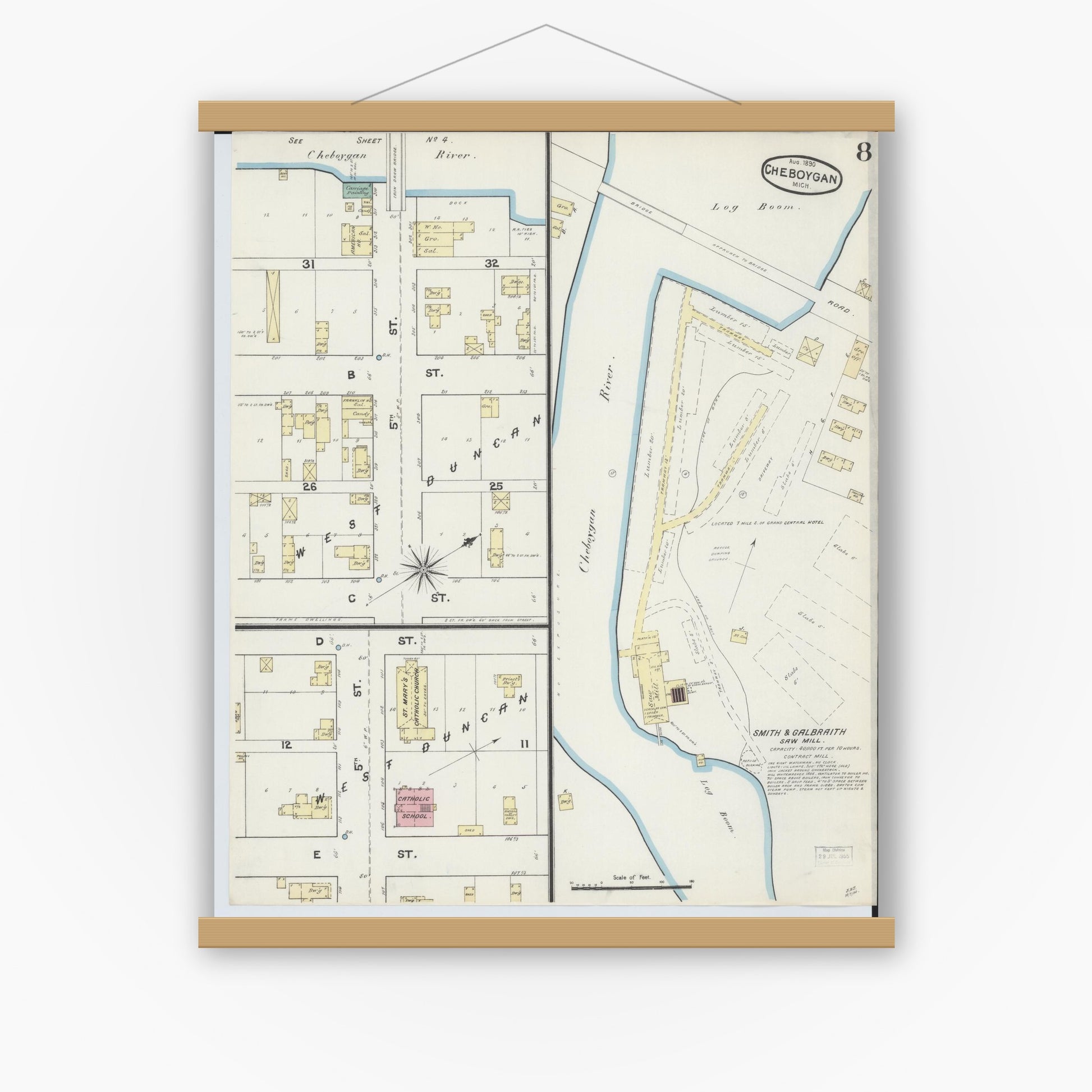 Old map wall art mockup — magnetic wood frame on white wall — Sanborn Fire Insurance Map from Cheboygan, Cheboygan County, Michigan (1890), Sheet #0008