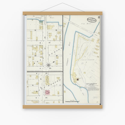 Old map wall art mockup — magnetic wood frame on white wall — Sanborn Fire Insurance Map from Cheboygan, Cheboygan County, Michigan (1890), Sheet #0008