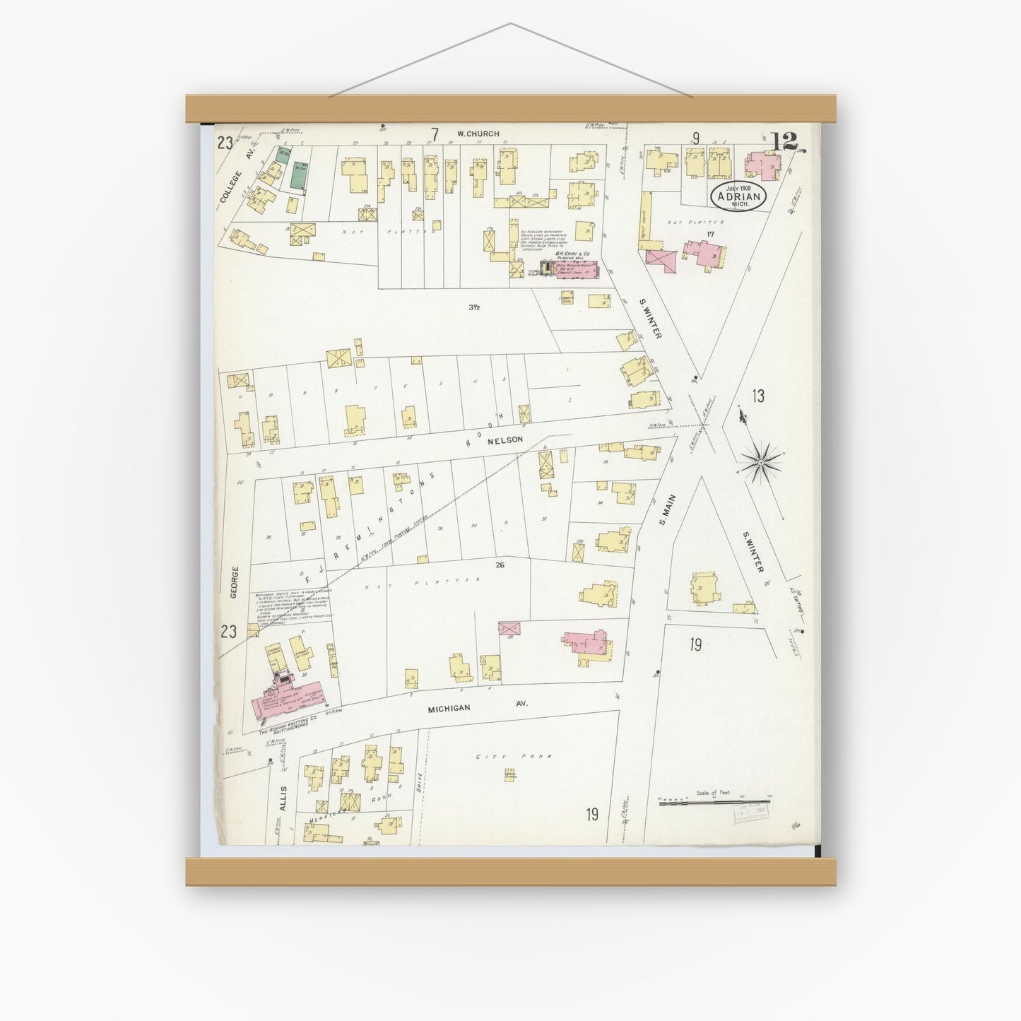 Old map wall art mockup — magnetic wood frame on white wall — Sanborn Fire Insurance Map from Adrian, Lenawee County, Michigan (1908), Sheet #0012